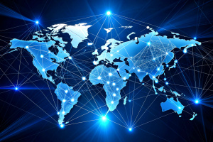 Abstract world map, concept of global network and connectivity, international data transfer and cyber technology, worldwide business, information exchange and telecommunication 