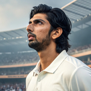 Close-up portrait of Ishant Sharma, cricket player. Wearing a white polo shirt. Background is a packed stadium