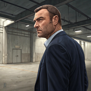 Close-up shot of Liev Schreiber. Serious expression. Wears navy suit, standing in an empty warehouse.