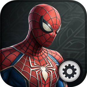 Spiderman icon within gaming application settings menu. Detailed web pattern and face. Dark, textured background.