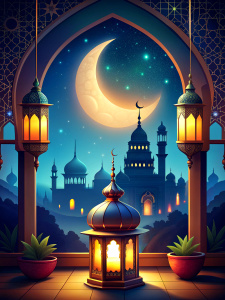 moon  ramadan lantern on table arabic ramadan nights with mosque behind