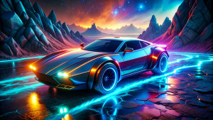 ((anime_style)), a futuristic car concept, ((slip)), comic effect, dynamic and aesthetic, 3D color effects