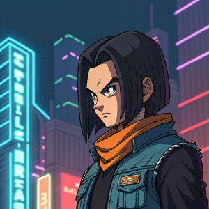 Pixel art rendition of Android 17. Strong, angular face with a determined expression. Dark, jagged hairstyle. Set against a neon-lit cityscape background.