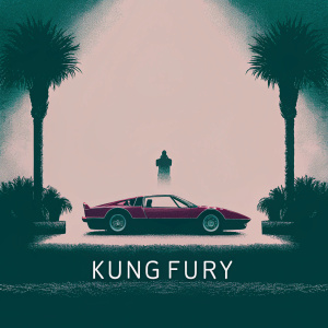 Poster for the film 'Kung Fury'. A sleek red sports car parked in front of an ominous figure. Dark tones with blue and purple hues. Title displayed at the bottom.
