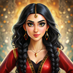 Beautiful Turkish princess. Black eyes, black hair. Bloomers are visible. Full body