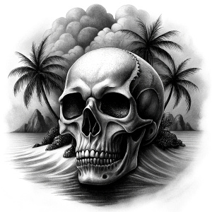 skull island tattoo design - perfect realistic art - high-definition - grey and black - white background 