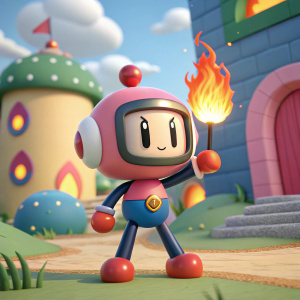 A vibrant 3D cartoon illustration of a character inspired by Bomberman, featuring a hand with fiery elements. The background is a whimsical, colorful cartoon setting.