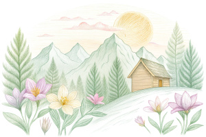 a linear silhouette of clouds, sun, mountains behind, flowers nearby, the edge of the forest and an old wooden hut