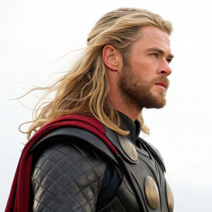 Chris Hemsworth as Thor. Chiseled face with long blonde hair and beard. Stark background