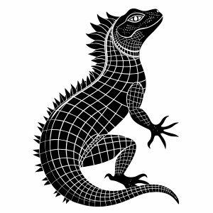Create a sketch of Lizard silhouette, black, single lines as a grid on a white background, filling the entire silhouette