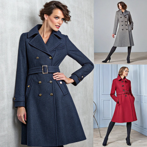 Fashion shoot showcasing McCall's M7848 women's coat designs. Various colors and cuts. Model striking pose. Detailed descriptions of each style.