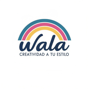 WALA brand logo, modern design featuring 'WALA' in bold font, Spanish phrase 'creatividad a tu estilo', colorful arch-shaped spectrum in blue, yellow, and pink hues above the text, visually appealing.