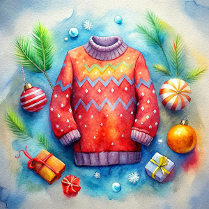 christmas jumper, red orange   patterned sweater, illustration, watercolour, snowflakes ,christmas tree,garland.mistletoe.presents , christmas candy