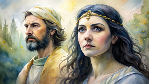 In the Bible, in ancient times, a middle-aged man with dark hair, King Ahab, and his wife Jezebel