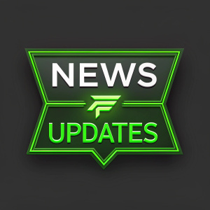 Digital logo for Faze Clan's news updates section. Angular, neon green icon with bold, modern text 'NEWS UPDATES' on a dark grey backdrop.