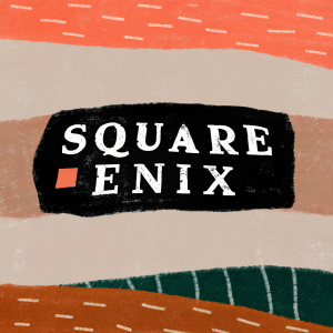 Square Enix corporate logo, stylized with black font against vibrant orange background, centered and prominent