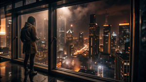 киберпанк вид из окна на ночной город сильный туман