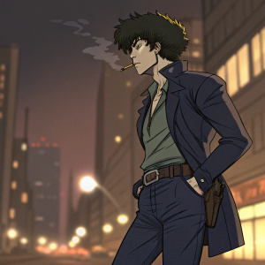 Digital art of Spike Spiegel from Cowboy Bebop, in a dynamic pose, sketch-style with warm hues, against a blurred night cityscape background.