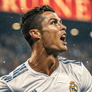 Cristiano Ronaldo, dynamic pose, sports magazine cover.