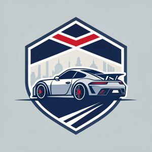 Logo design for Omega Autosports. Modern sports car silhouette integrated with geometric shapes. Dark blue and gray tones, red and white accents. Muted, minimalist background.