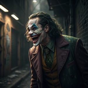 Joaquin Phoenix in character as the Joker, laughing maniacally. Dark and gritty backdrop