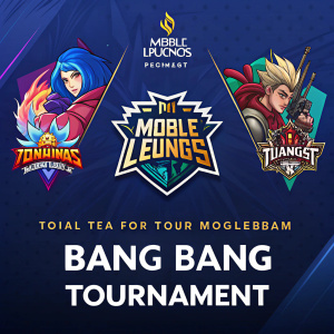 Promotional poster for the Mobile Legends: Bang Bang tournament. Dark background with vibrant game elements and team logos.
