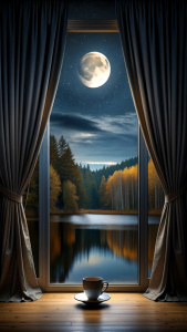 dark night window open curtain, coffee, full moon, still water, forest, dark night, midnight black 