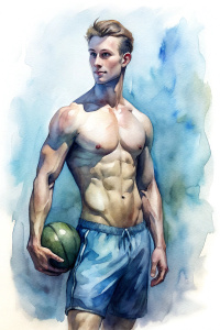 A  cute muscled shirtless man with short hair, wearing shorts, holding a cricket ball in right hand