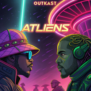 Illustration for Outkast's ATLiens album cover. Bright neon colors. Detailed character designs. Text in center