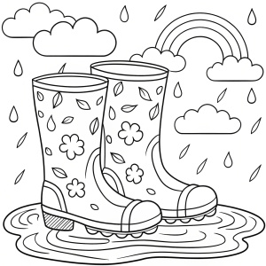  Coloring pages,Rain boots and puddles, black and white line art