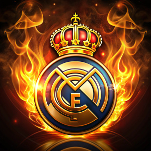 Escudo del real madrid en forma de ojo, en color dorado con el fondo negro, llamas rojas difuminadas rodeando el nombre de Edu, abajo del escudo.