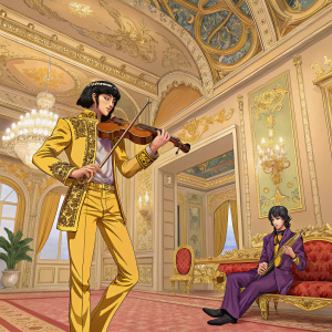 Digital art featuring Bruno Bucciarati and Sticky Fingers from JoJo's Bizarre Adventure. Set in a luxurious, golden-themed room. Intricate details and vibrant colors.