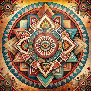 Crea ilustraciones diseños étnicos y tribales de diferentes culturas y etnias, utilizando motivos como zigzags, círculos concéntricos, flechas o motivos aztecas en una mezcla de colores tierra y tonos brillantes.