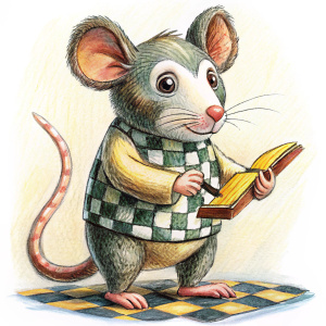 sticker, checkered prankster mouse with a pencil and notebook