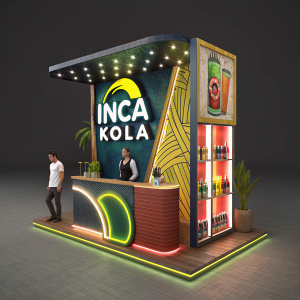 3D rendering of Inca Kola promotional stand. Modern design with vibrant colors and a prominent logo. Eye-catching layout, featuring neon accents and sleek materials.