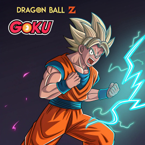 Goku from Dragon Ball Z, in an intense battle pose. Surrounded by digital graphics and logos, dark background with neon text elements.