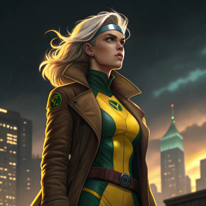 Digital illustration of a young female superhero from Marvel X-Men. Blonde hair with white highlights, stern look, standing boldly. Wearing tight yellow and green suit with brown coat. Set against a dark city skyline with glowing city lights