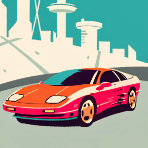 Concept art of a shiny red 1996 Ford Probe GT, redesigned with a futuristic look. The car is parked on a sleek, gray cityscape.