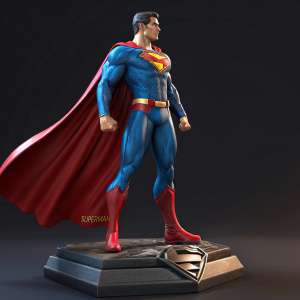 3D render of Superman statue from Kingdom Come series. Detailed design of Superman, bright blue and red suit, muscular build, confident stance. Dark platform base with text, against dark background