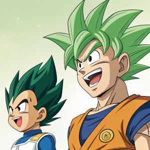 Fan art depicting cheerful Goku with green hair and a stern Vegeta. Dragon Ball inspired illustration. Manhães art style.