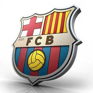 Barcelona FC emblem, sleek and modern logo design. Vibrant color palette of red, blue, green, and yellow. Abstract geometric shapes, bold typography, plain white background