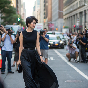 Gigi Leung Wing-kei walking down a busy street in New York City, surrounded by photographers and city dwellers. She's dressed in a black sleeveless top and flowing black skirt, her dark bobbed hair perfectly styled.