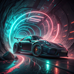 A sleek Porsche 911 GT3 RS in obsidian black, suspended in a neon-lit tunnel, surrounded by swirling light trails and digital glitches, creating a futuristic and surreal environment.