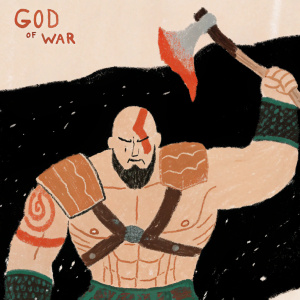 Kratos, main character from God of War, in a striking pose with an axe. Determined face. Dark background with God of War logo. Detailed figurine showcasing Kratos' powerful physique and intricate armor design.