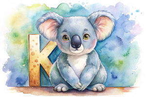  Cute Animal Alphabet letter “K” koala isolated on white background
