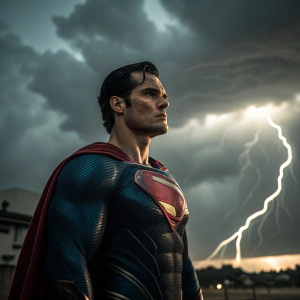 Henry Cavill in full Superman costume, serious expression. Dark and stormy night, lightning strikes in background