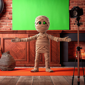 A mummy character standing on a green screen, with arms spread wide. The bandages tightly wrap around its entire body.