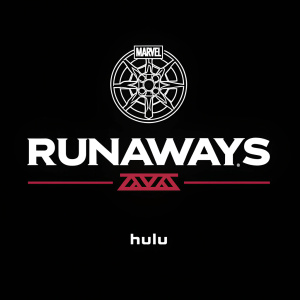 A sleek, modern promotional poster for Marvel's Runaways. Black background with the Hulu logo prominently displayed at the bottom, under the stylized Marvel emblem and bold text for 'Runaways.'