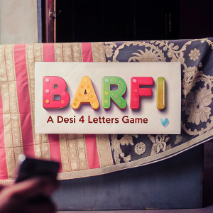 Eye-catching promotional image for Barfi - A Desi 4 Letters Game. Available on Google Play. Vibrant colors and Indian inspired graphics.