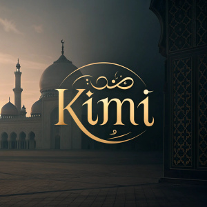 Logo for brand KimI. Features phrase in Arabic script. Set against dark, moody background. Muted color palette.